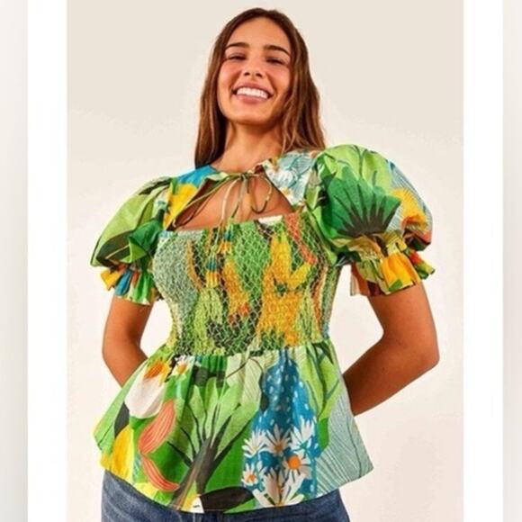 FARM Rio Green Vintage Toucan Smocked Peplum Top Sz Small - Picture 1 of 11